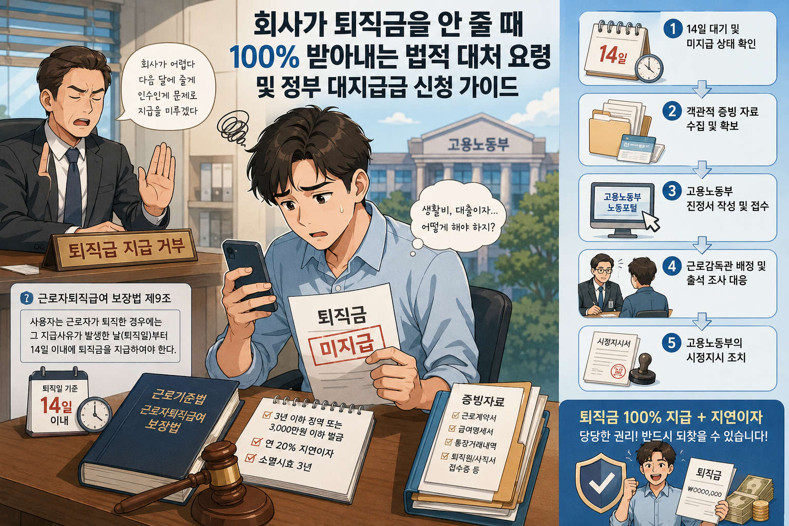 회사가 퇴직금을 안 줄 때 100% 받아내는 법적 대처 요령 및 정부 대지급금 신청 가이드 1 본문 주제 맞춤형 일러스트 이미지