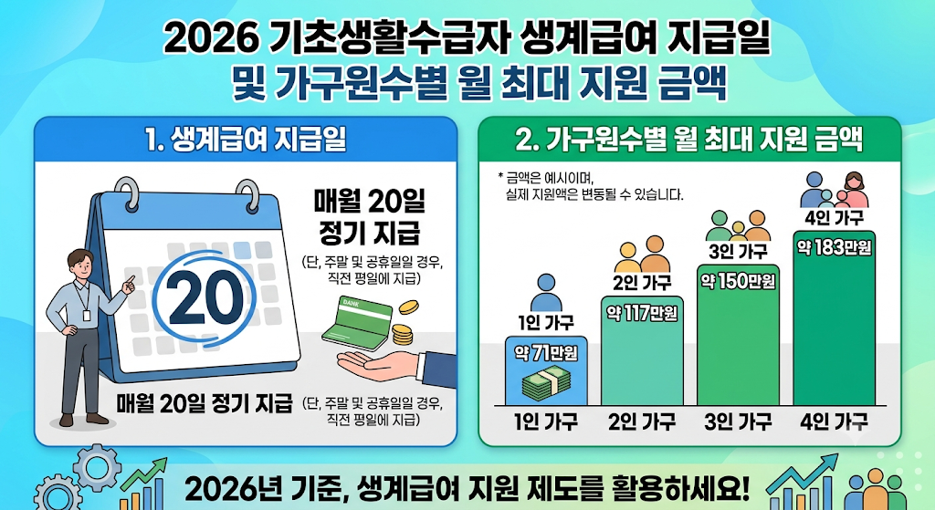 2026 기초생활수급자 생계급여 지급일 및 가구원수별 월 최대 지원 금액 1 기초생활수급자 생계급여