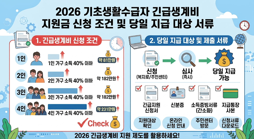 2026 기초생활수급자 긴급생계비 지원금 신청 조건 및 당일 지급 대상 서류 1 기초생활수급자 긴급생계비