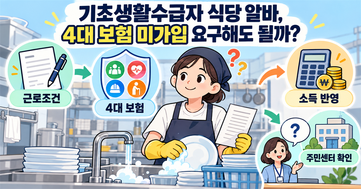 기초생활수급자 식당 주방 설거지 파트타임 알바 시 4대 보험 미가입 요구해도 될까? 1 기초생활수급자 식당 주방 설거지 파트타임 알바 시 4대 보험 미가입 요구해도 될까?